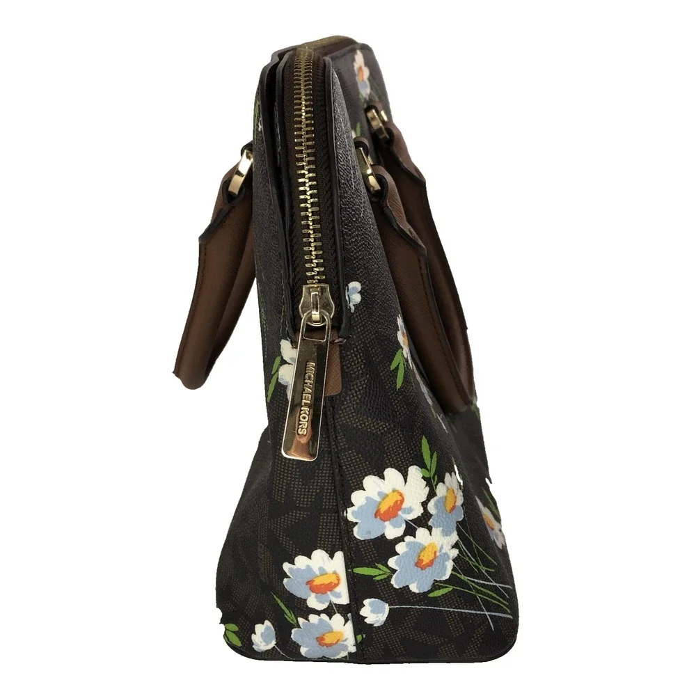 Michael Kors Cindy Dome Satchel‎ Brown White Blue Floral Handbag Purse MK Logo